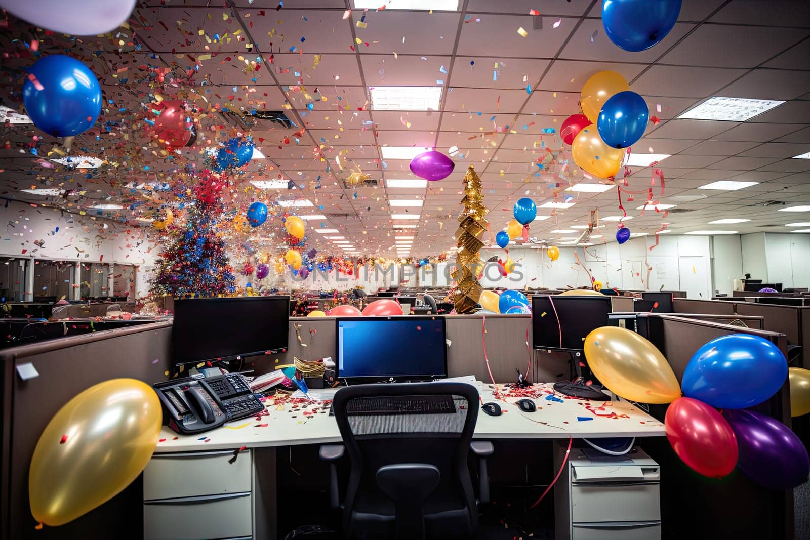 an office decorated with balloons and a christmas tree by golibtolibov