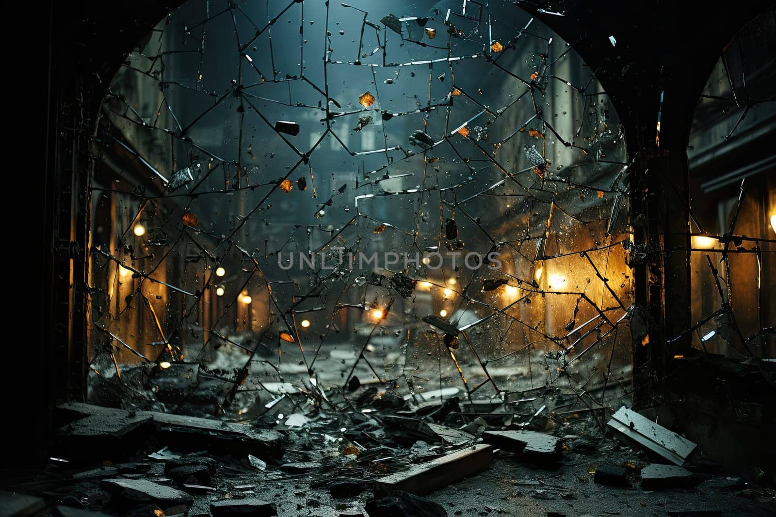 a photo of a bombed out building with lights on by golibtolibov