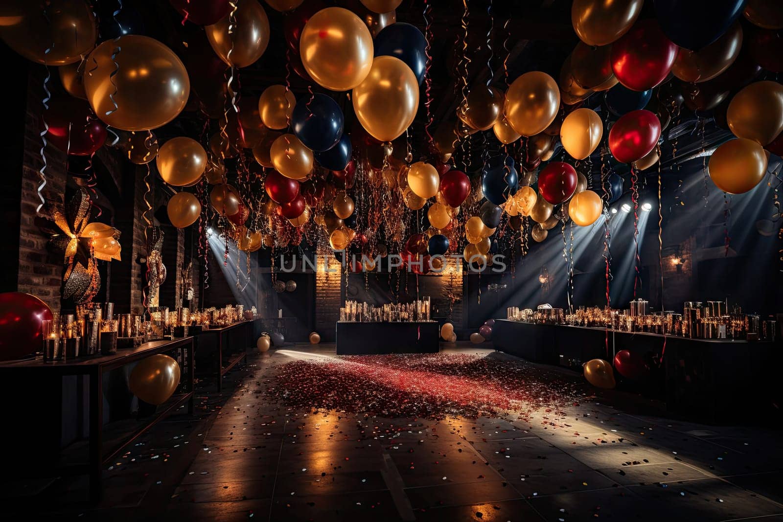 a party with balloons, candles and contros on the dance floor in front of a stage set up for a performance