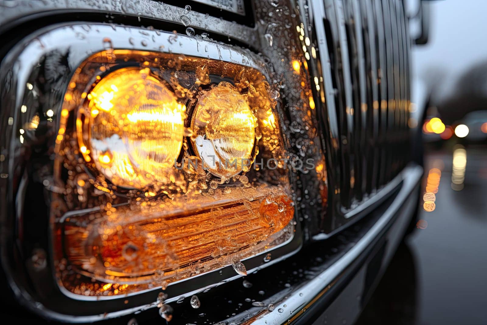 a car's headlight with water droplets on the front and side view mirror, taken from behind it