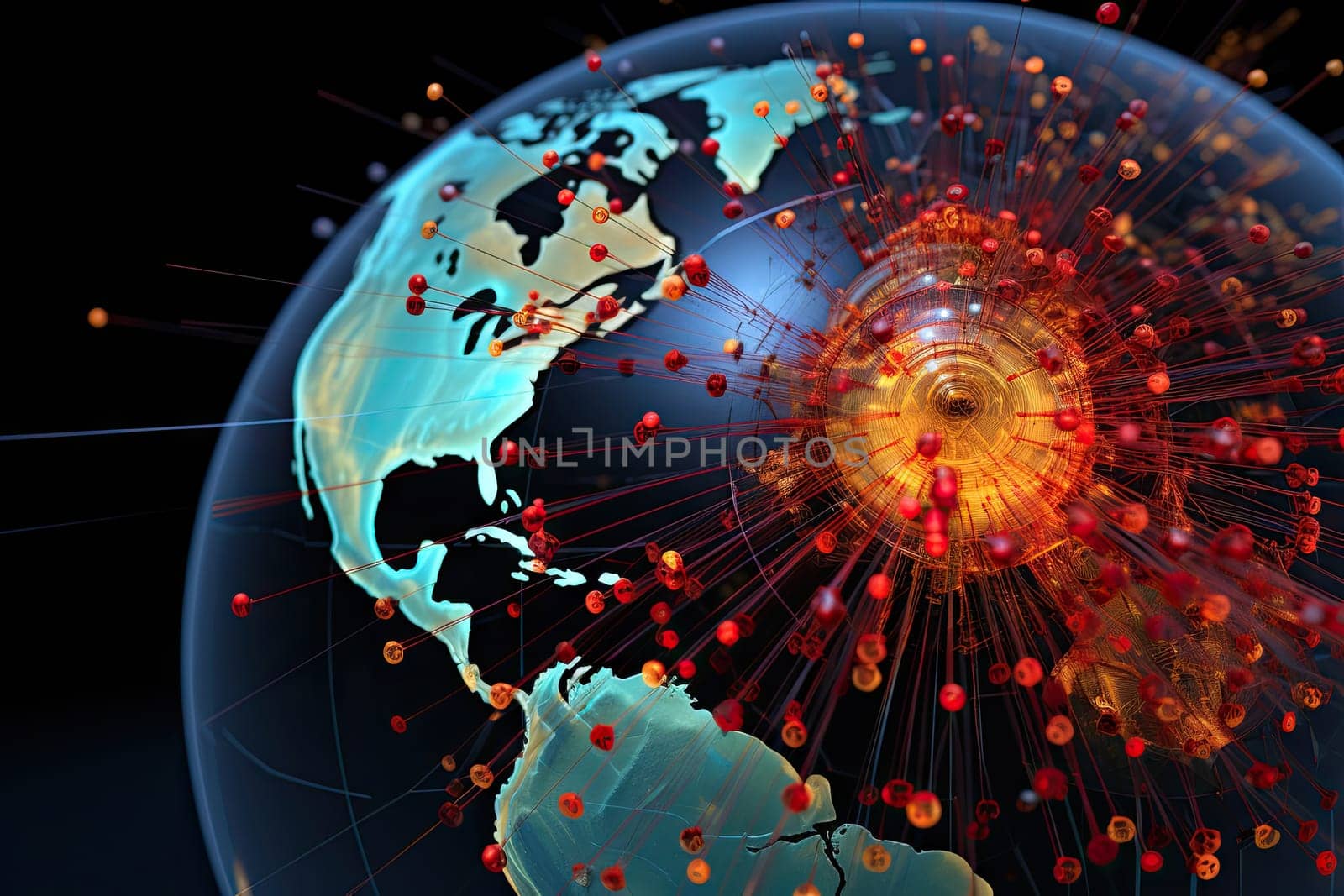 the earth with many red dots and lines around it, all connected to each other networked by orange circles