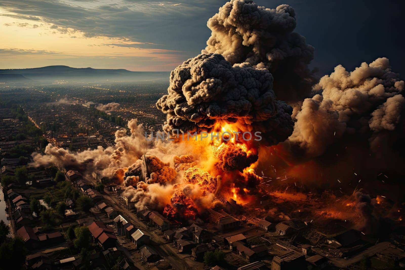 a huge explosion in the sky with smoke and fire coming from it's chimneys, as seen from above