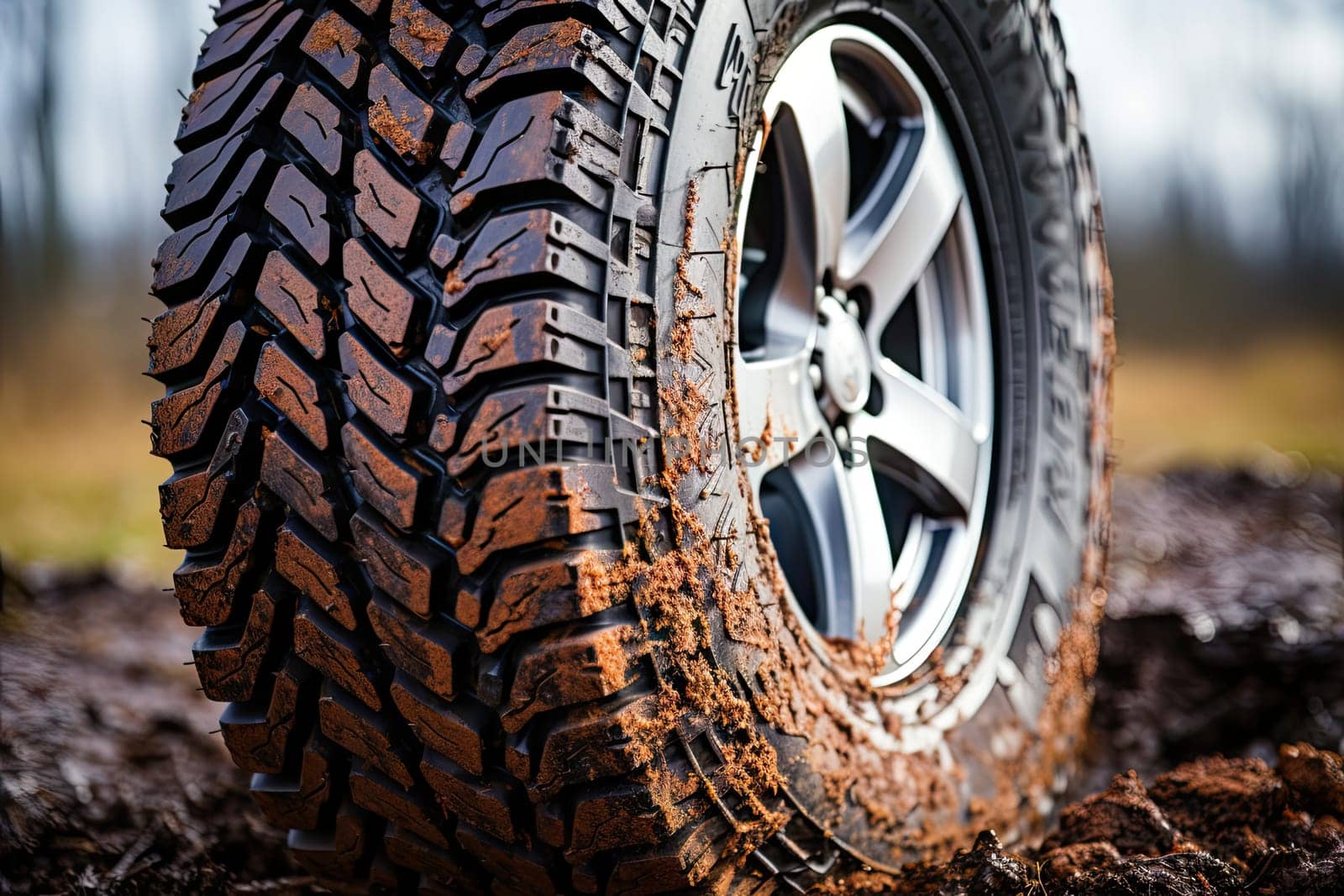 an off - road tire sitting in the mud and mulchs on top of a pile of dead leaves