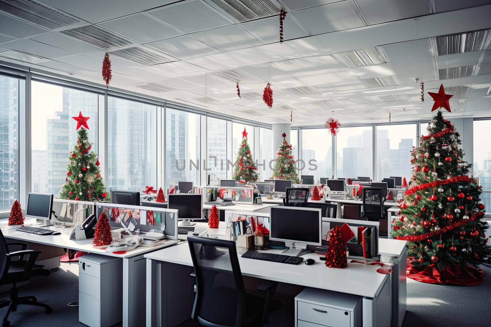 an office decorated with christmas trees and red bows on the desks, in front of large windows looking out to city skyline