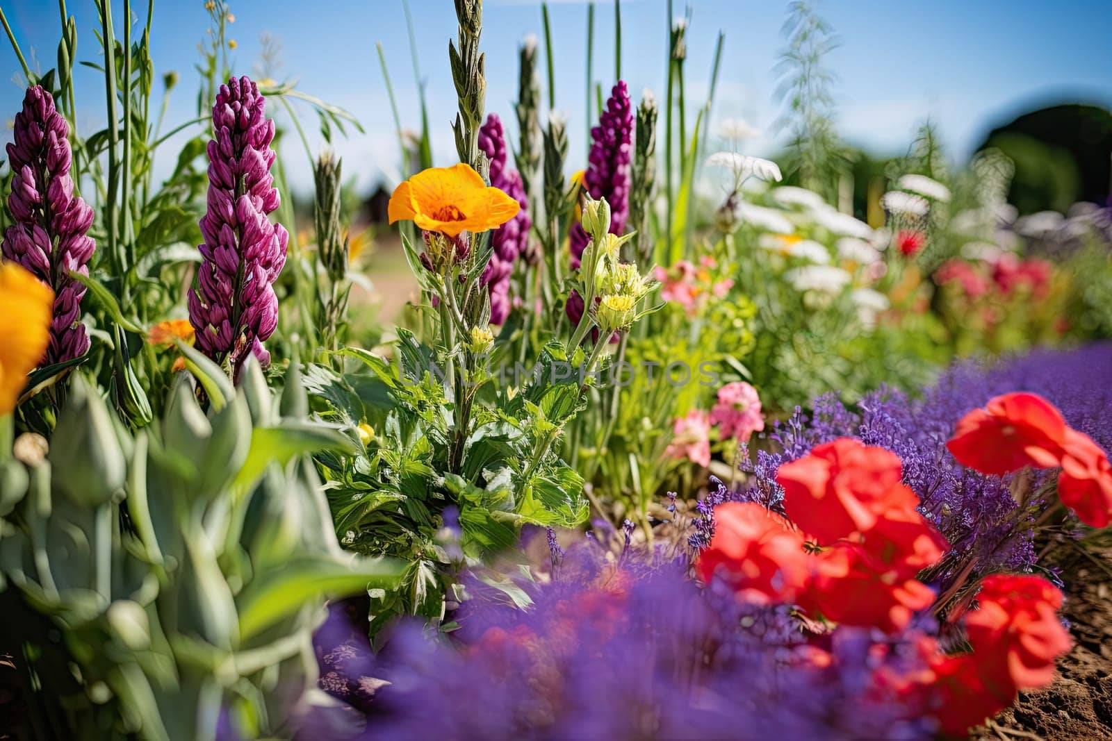 some flowers and plants in the field with blue sky background, taken from below to show how they are growing