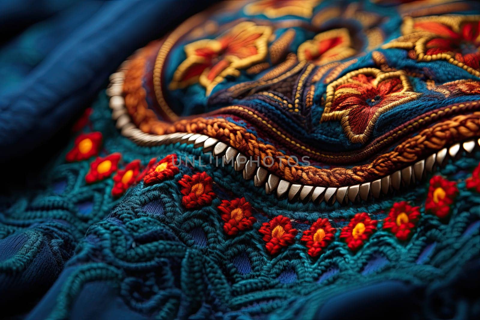 an animal's face made out of colorful yarn and threads on a piece of blue fabric with red, orange and yellow