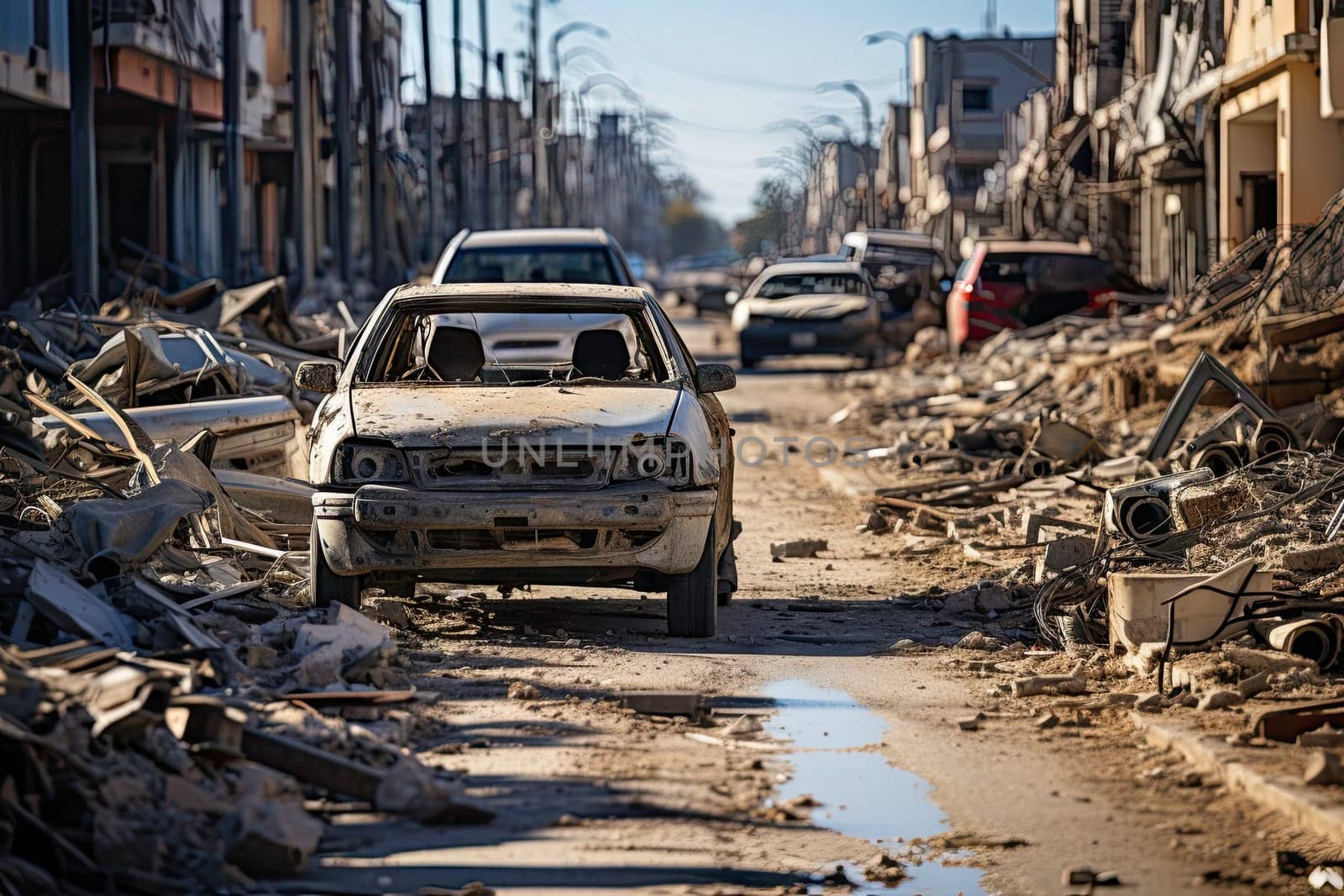 a car that is sitting in the middle of a street with debris all over it and buildings on both sides
