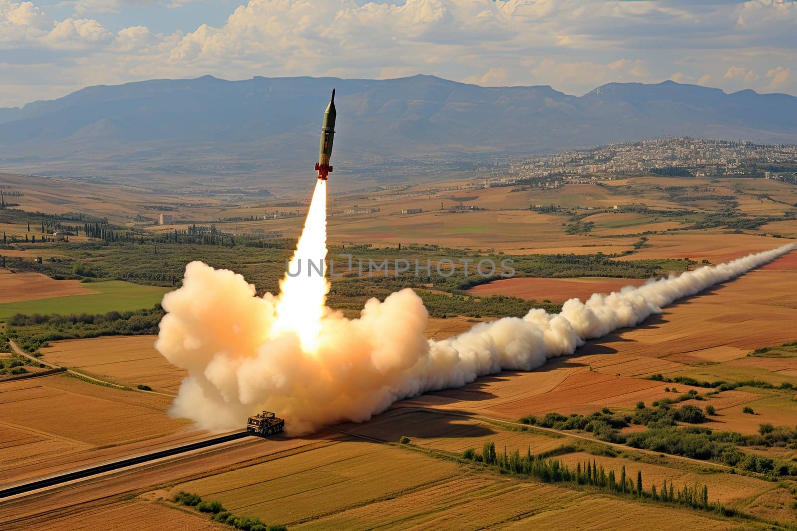a missile being fired in the air with mountains in the distance and hills in the foregrounds behind it