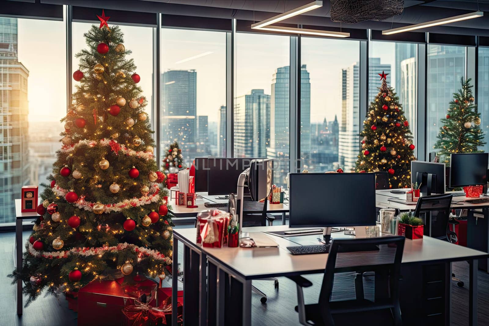 a decorated christmas tree in an office with large windows looking out onto the cityscapearchiron com