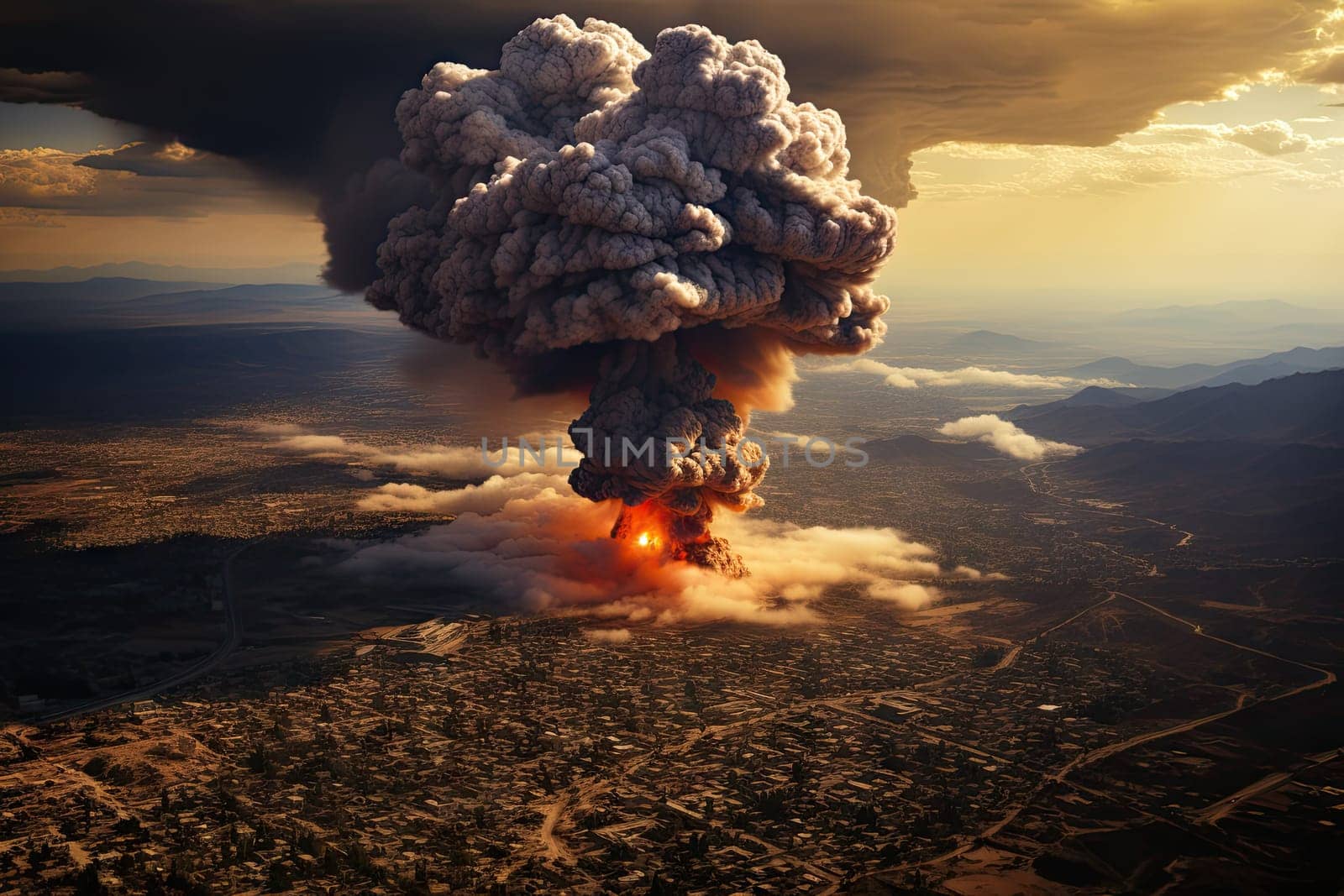 an explosion in the sky with smoke coming from it and buildings on the ground below, as seen from above