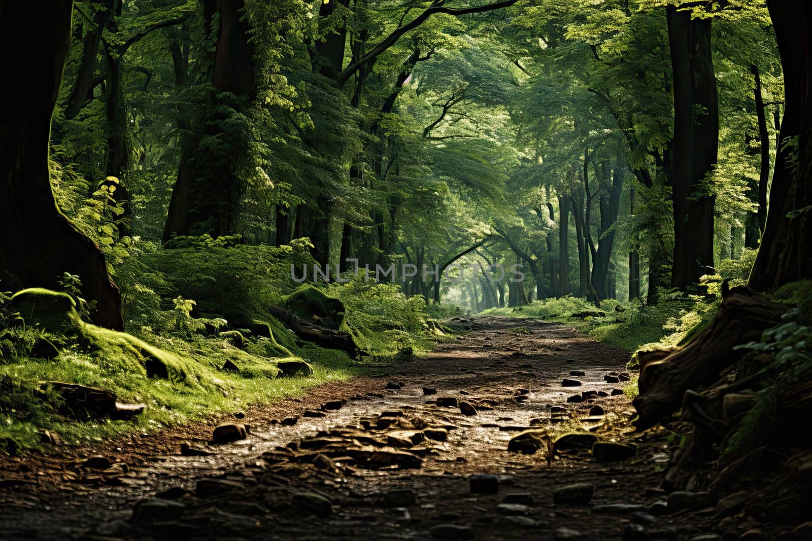 a dirt road in the middle of a forest with green trees and rocks on both sides, as if there is no one