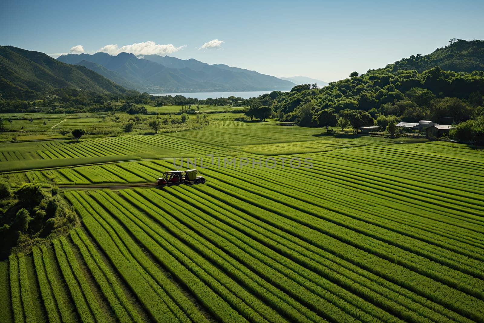 a green field with mountains in the background and a tractor driving through it on the right side, surrounded by lush vegetation