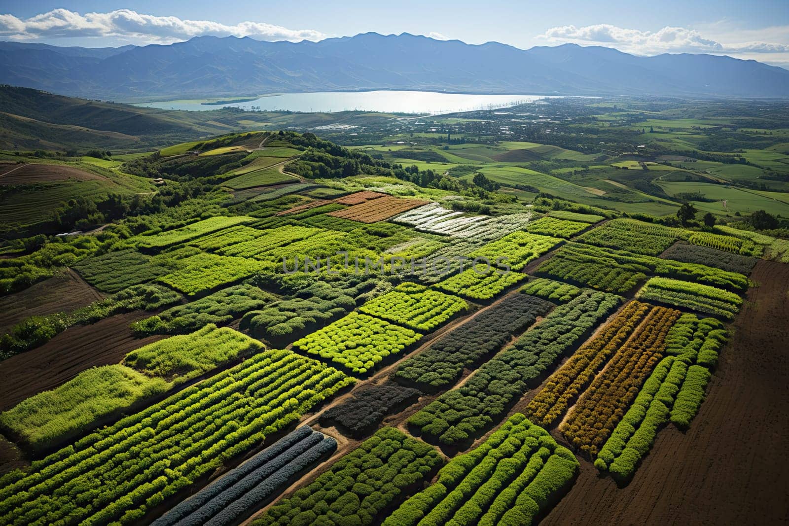 an aerial view of a field of crops with mountains by golibtolibov