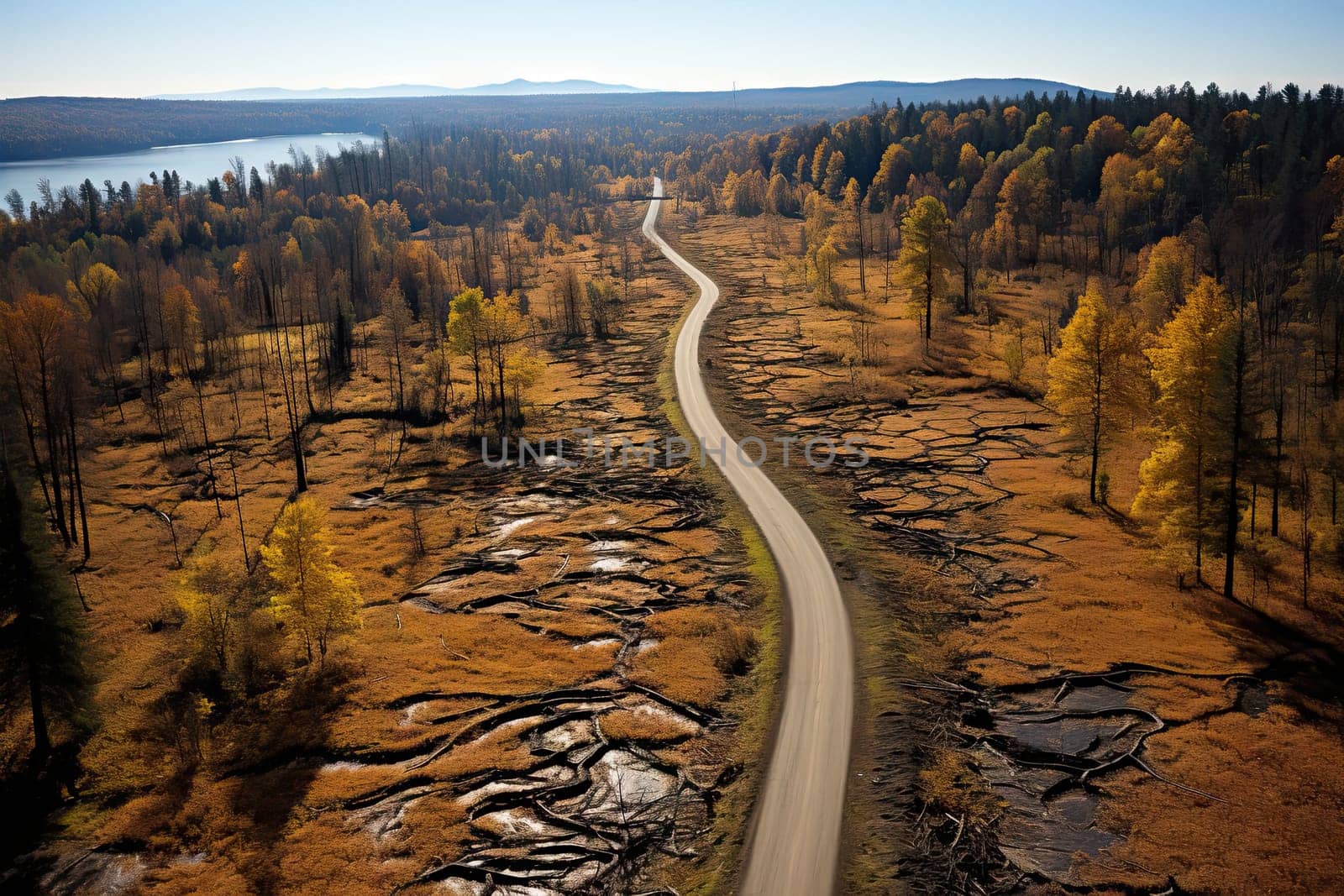 an aerial view of a road in the middle of a forest with trees and rocks on both sides, as seen from above