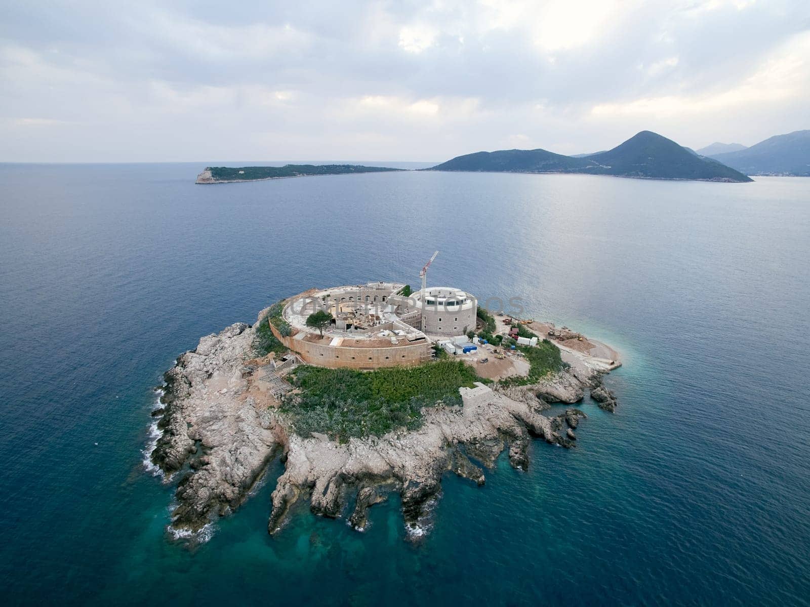 Fortress Mamula on the island of Lastavica in the sea. Montenegro. Drone. High quality photo