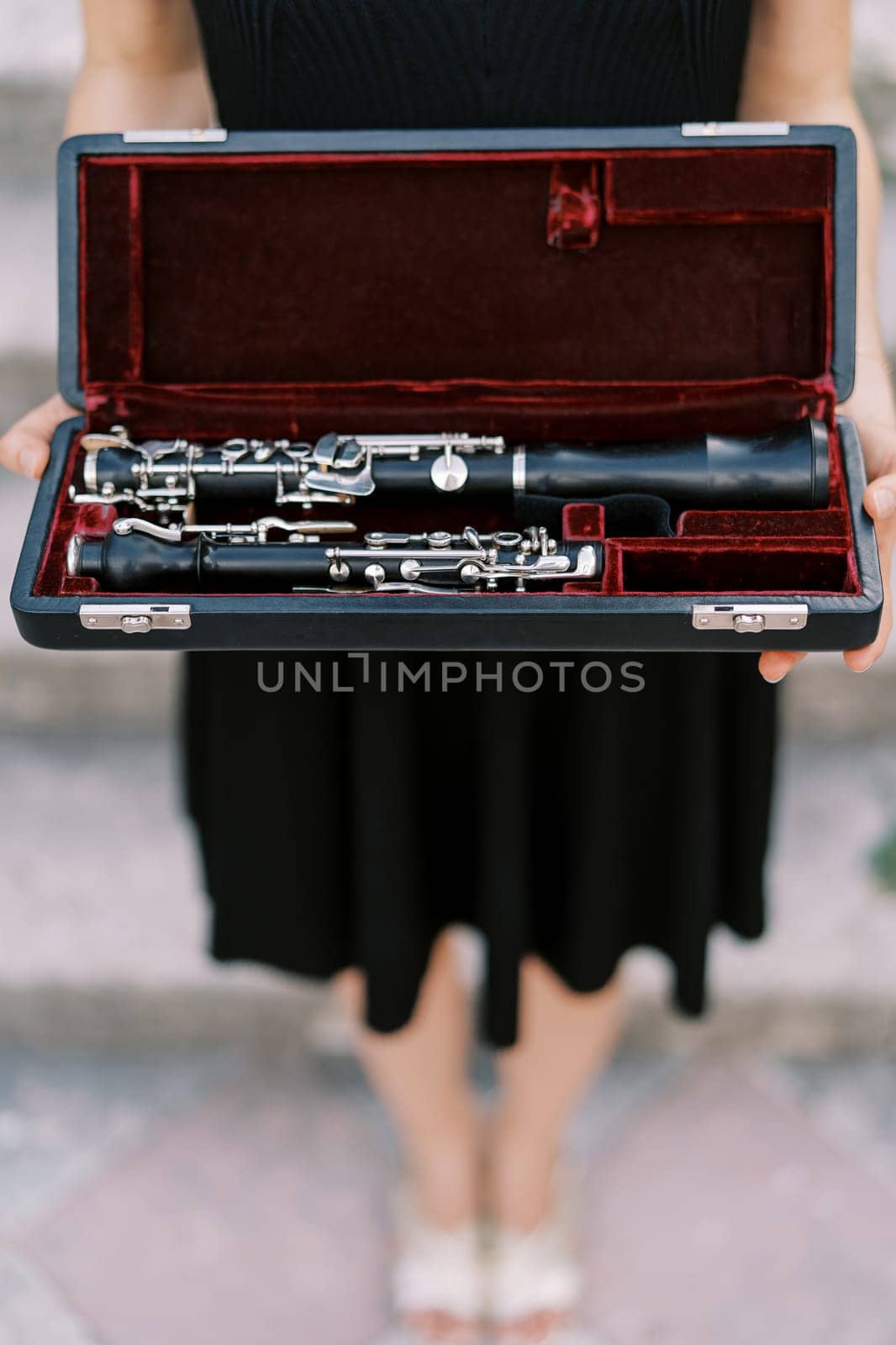 Girl-musician holds a clarinet in a case in her hands. Cropped. Faceless. High quality photo