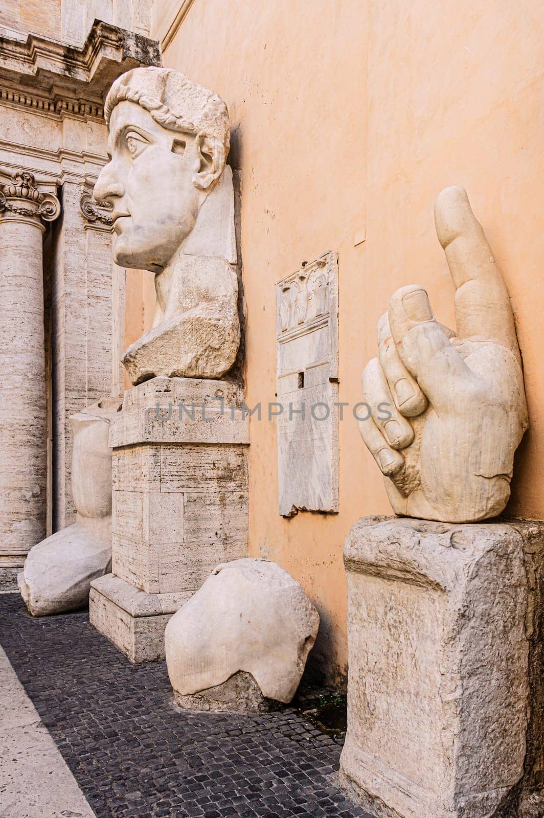 Rome, Italy, August 12, 2008: Remains of the colossal statue of Constantine. Rome Capitoline Museums