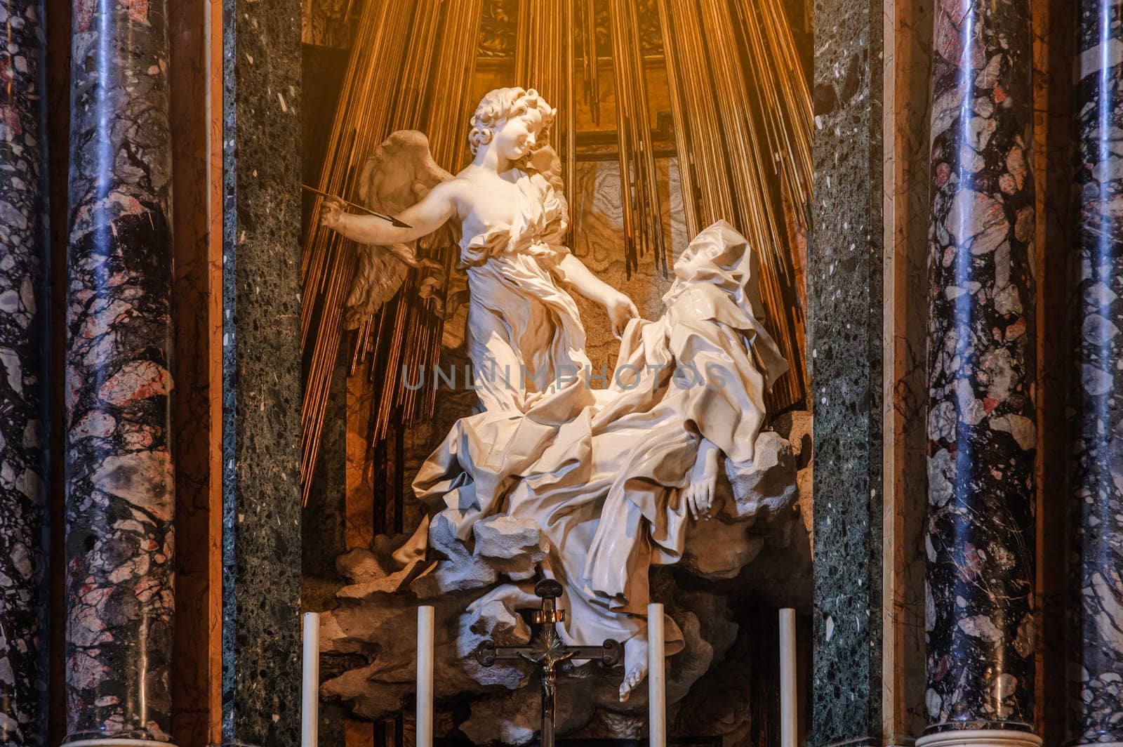 Rome, Italy, August 22, 2008: Ecstasy of Saint Teresa, masterpiece of the sculptor Bernini. Cornaro Chapel. Saint Mary of Victory Church