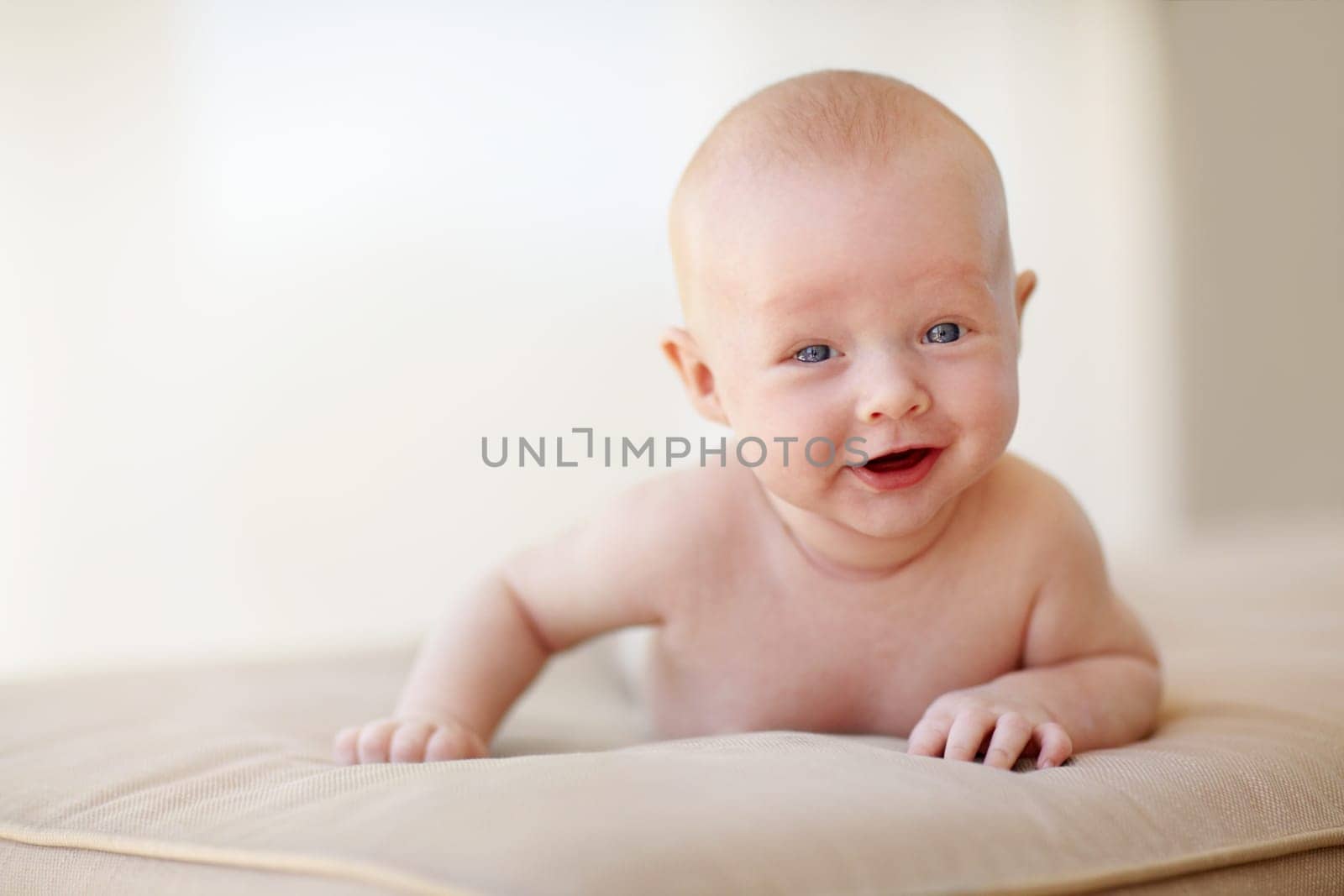 Newborn, baby or portrait on sofa for healthy childhood development, growth or learning. Infant, smile or face on stomach or curious interest or search environment, safety or discovery time in lounge.