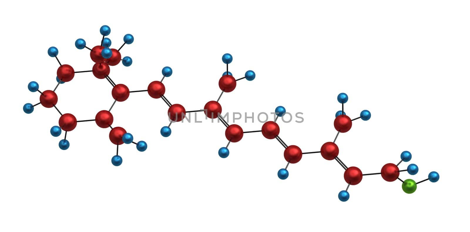 Molecule of retinol, vitamin A, 3D render, isolated on white