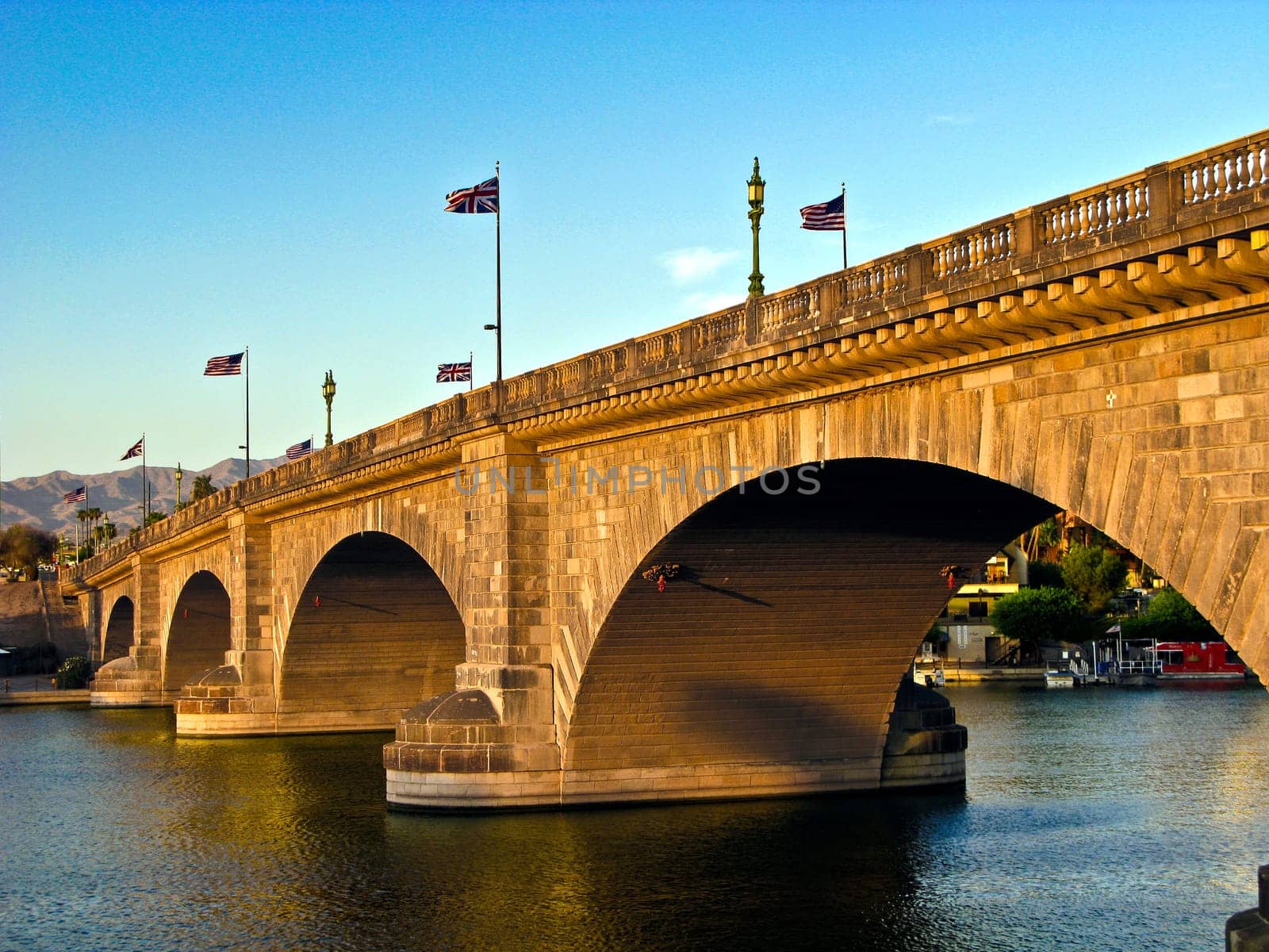 London Bridge in Lake Havasu, old historic bridge rebuilt with original stones in America
