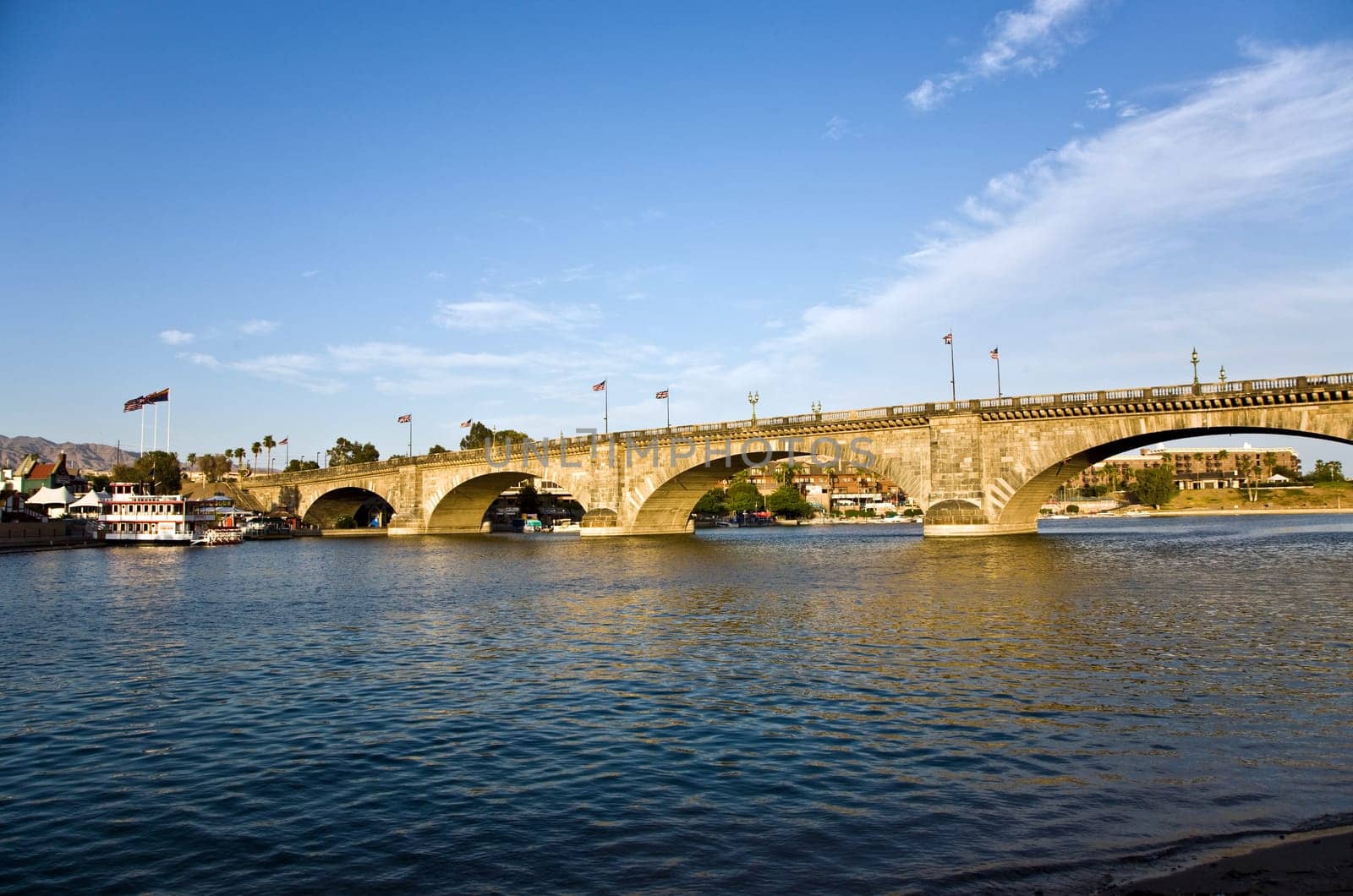 London Bridge in Lake Havasu, old historic bridge rebuilt with original stones in America