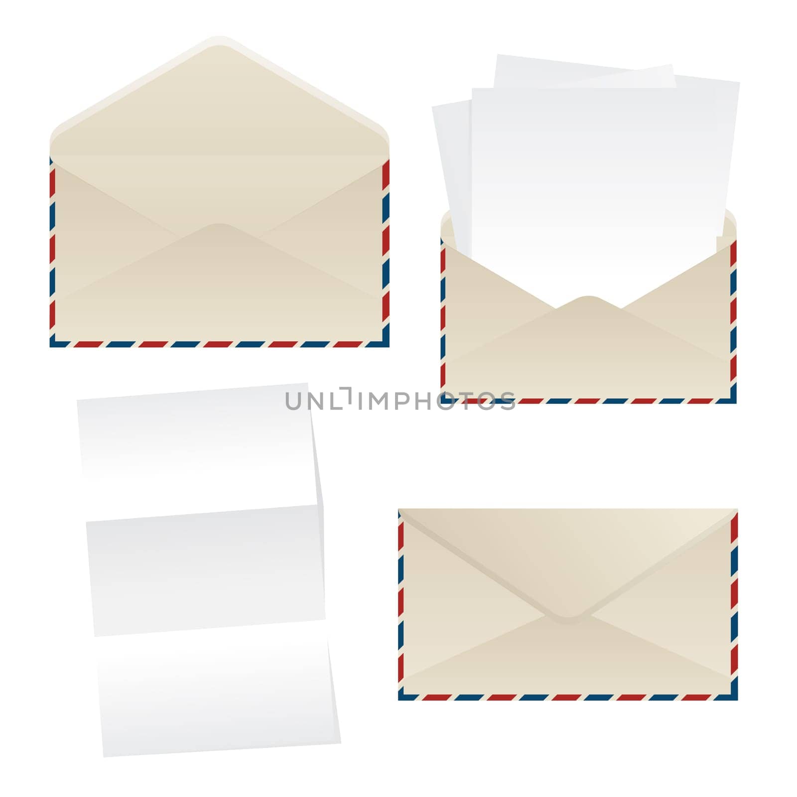 Collection of envelopes and empty paper sheets over white background