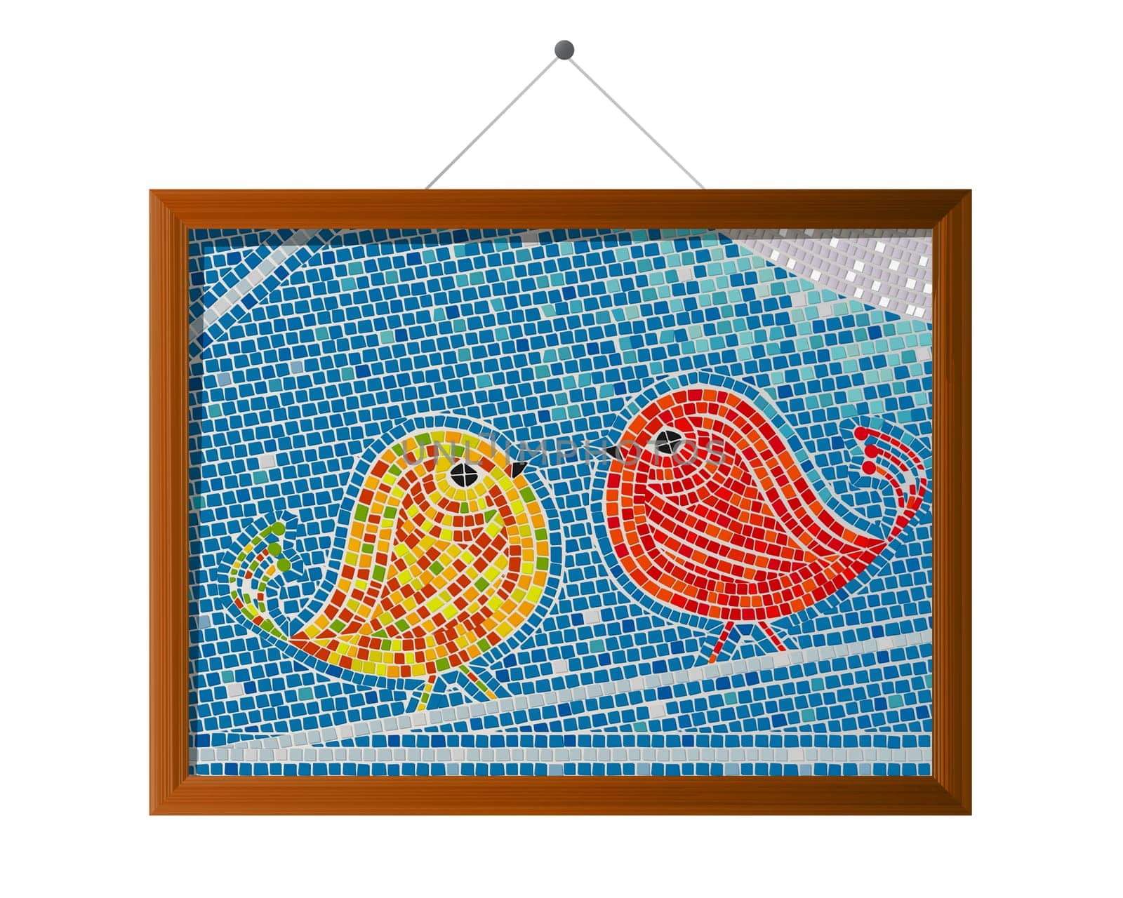 Mosaic tiles framed tweet birds background.