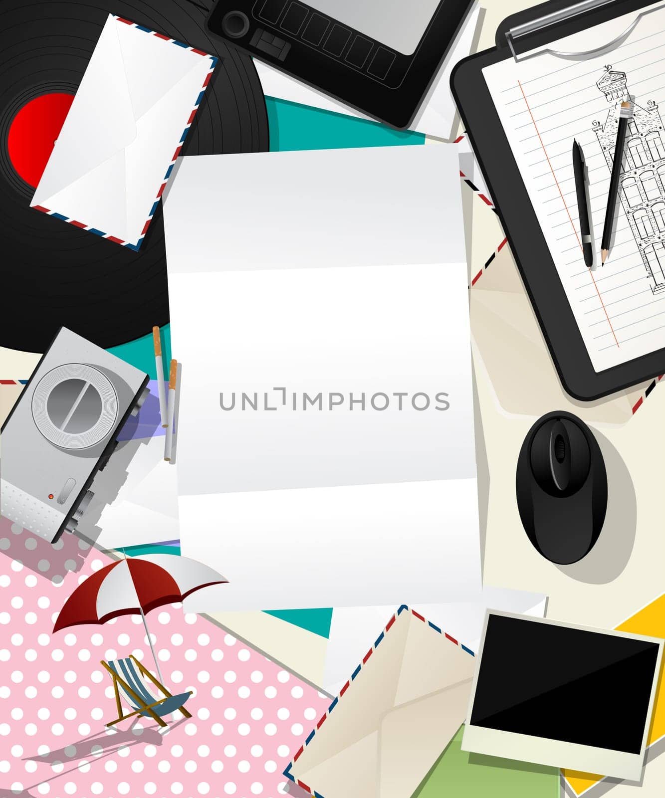 Abstract scrapbook design,  message background with various objects and letter.