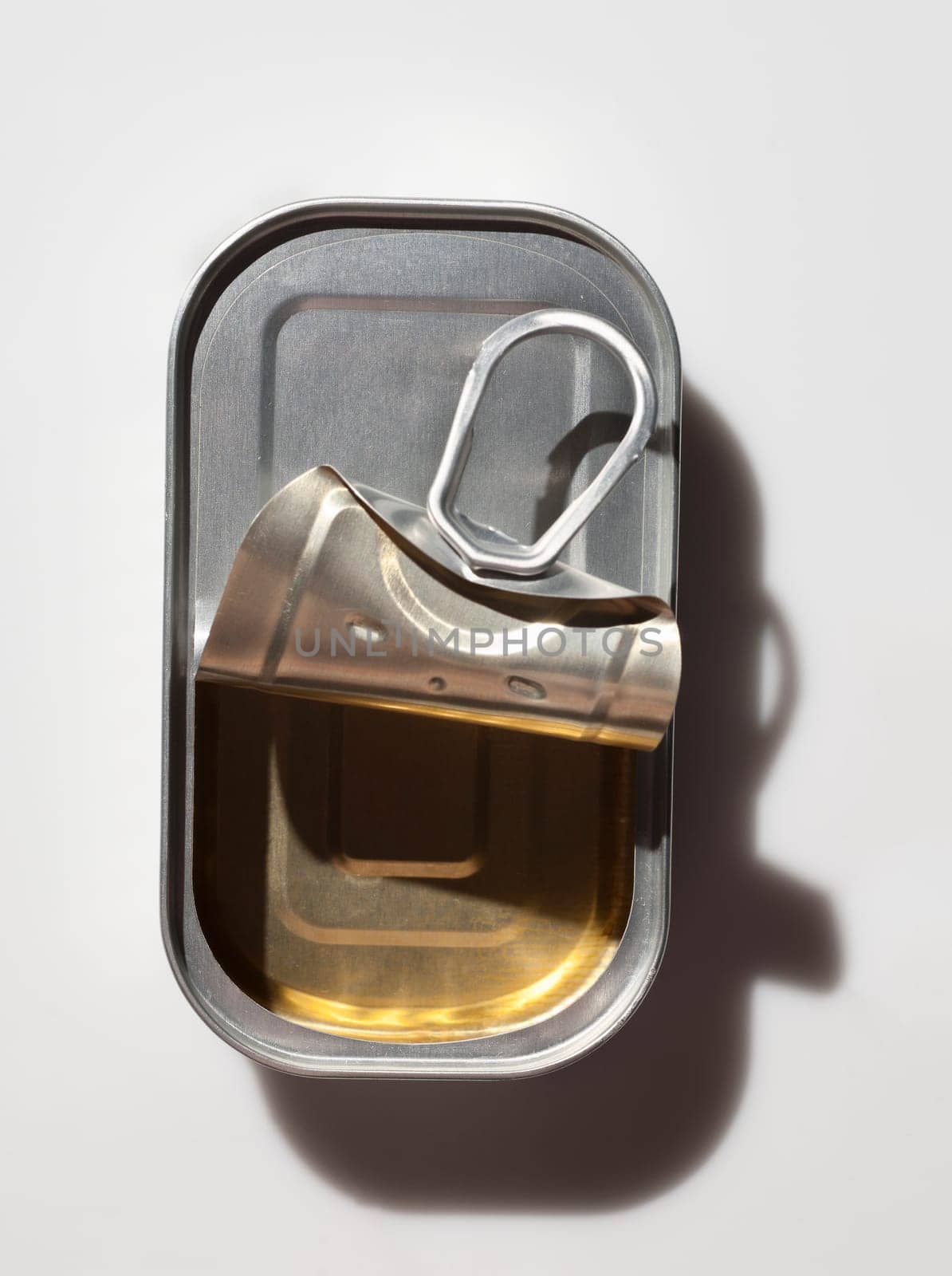 Can of sardines empty and open on white background