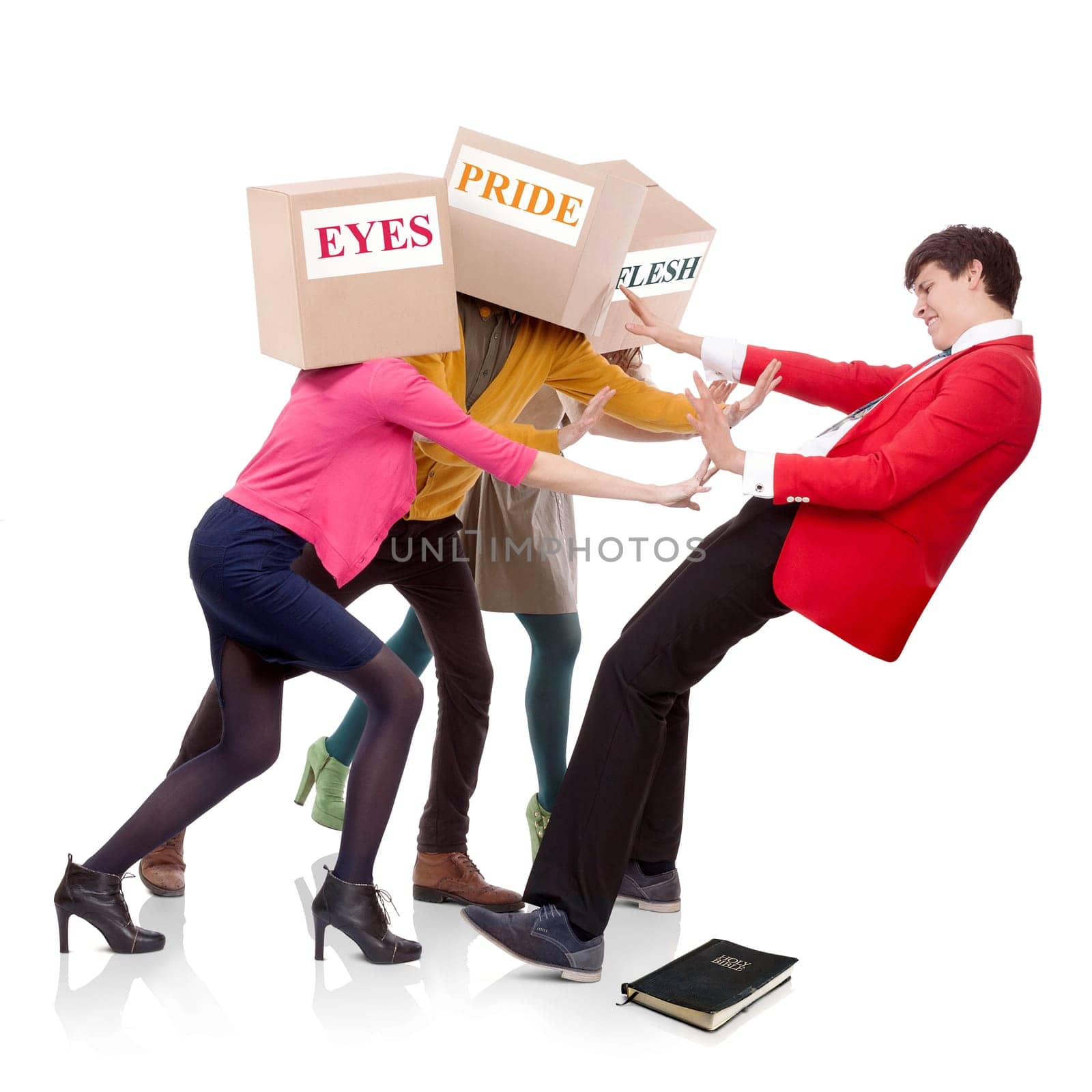 Three people with boxes in the head that push a young man to fall down. Spiritual concept.