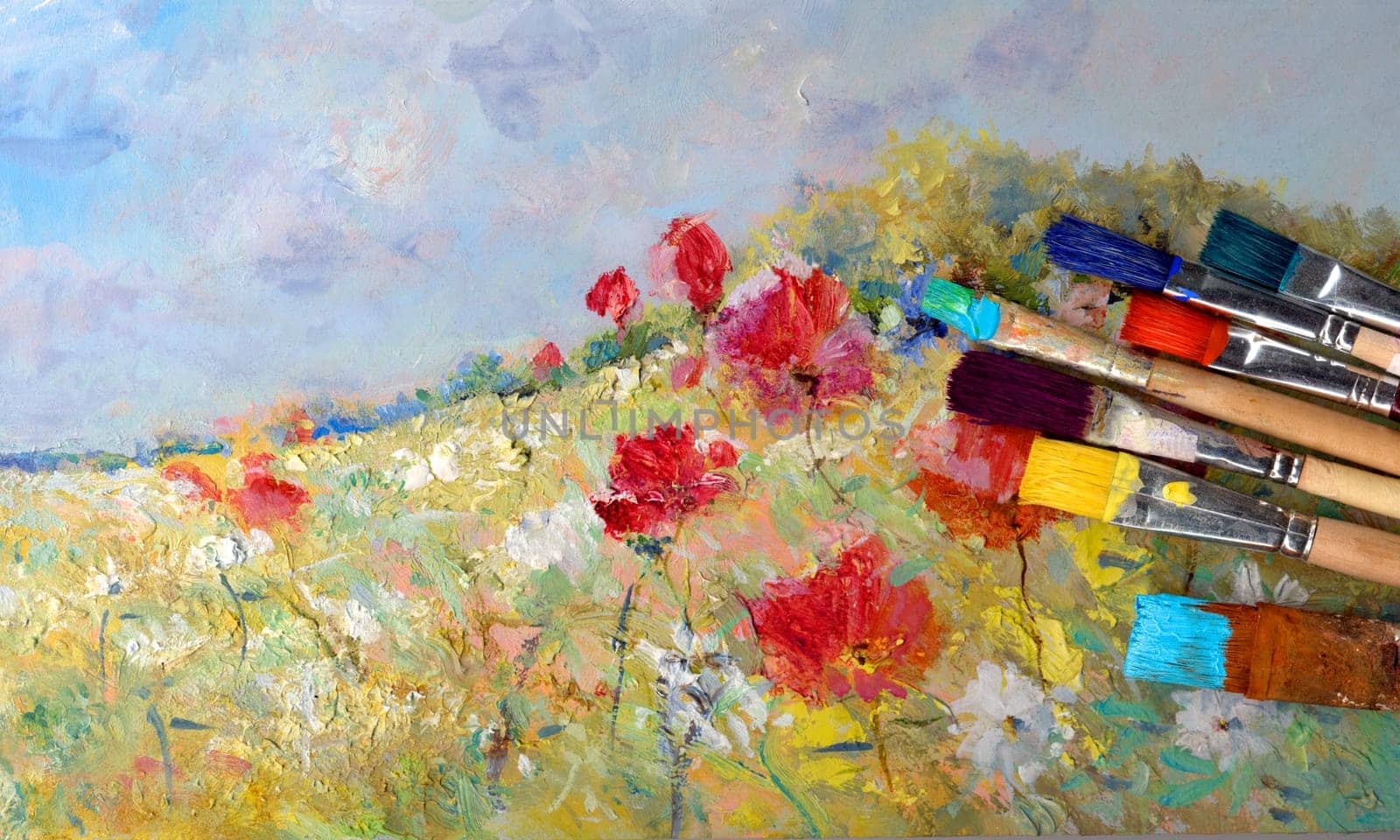 Brush Painting Hobby Leisure - Brush with Oil Paint on Painted Landscape