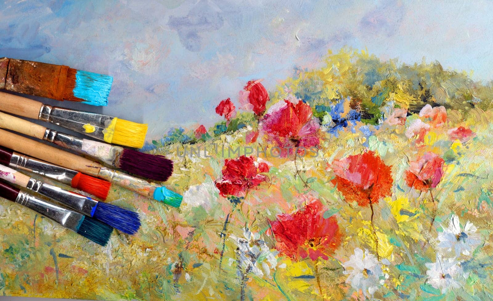 Brush Painting Hobby Leisure - Brush with Oil Paint on Painted Landscape