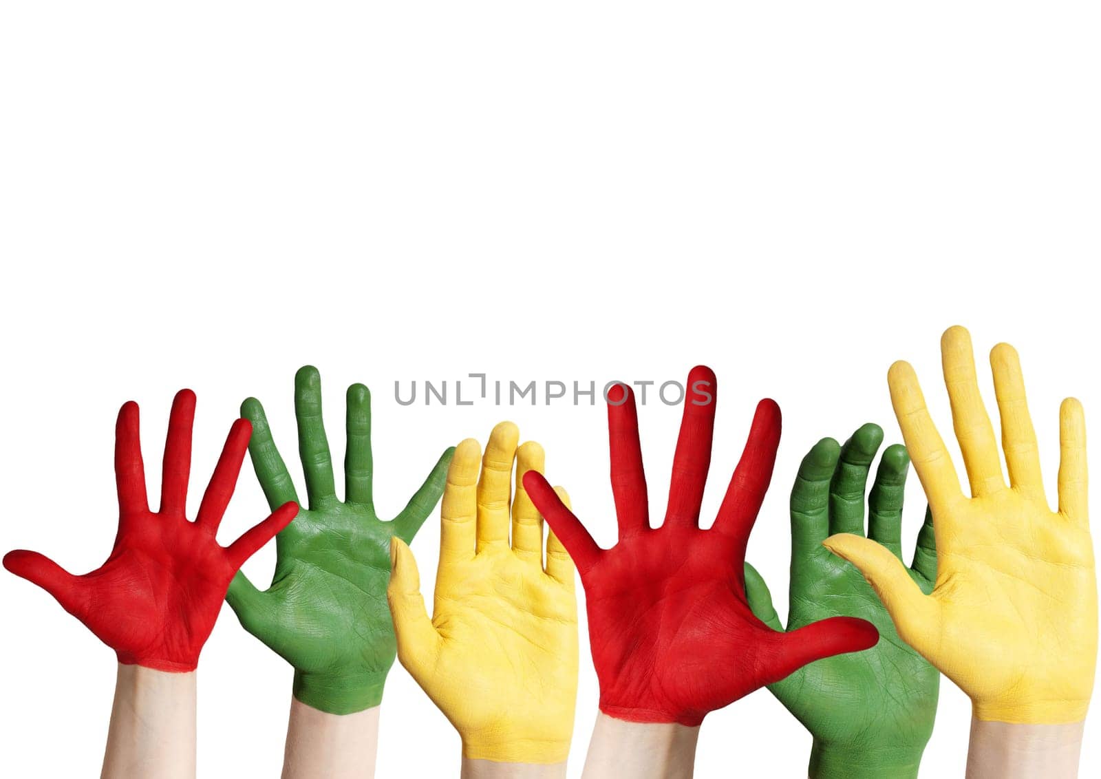 many colorful hands in red, yellow and green, isolated