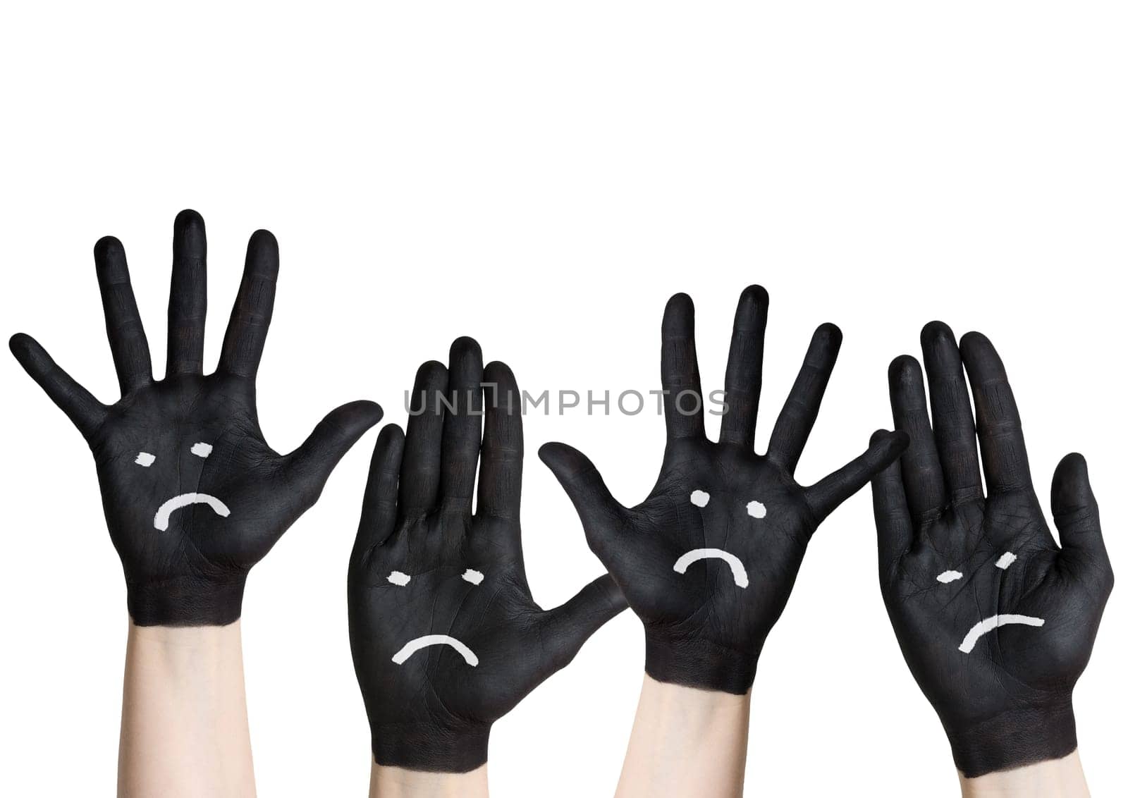 sad or angry hands, painted black, isolated