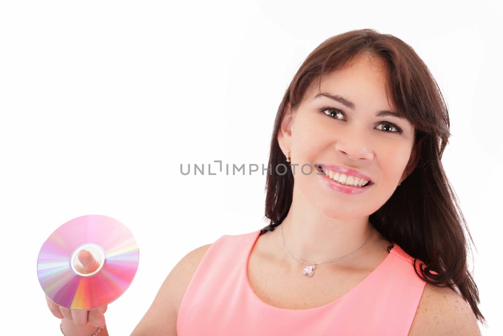 Woman with cd. Over white background