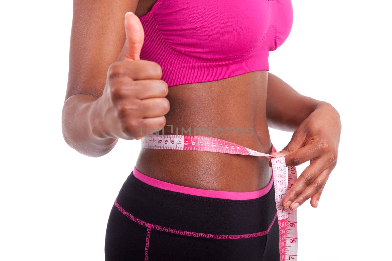 African American Fitness woman making thumbs up, isolated on white background