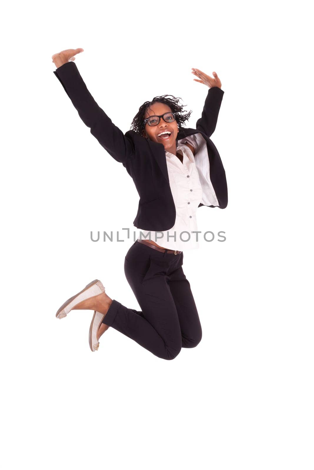 Young african american business woman jumping, success concept, isolated on white background