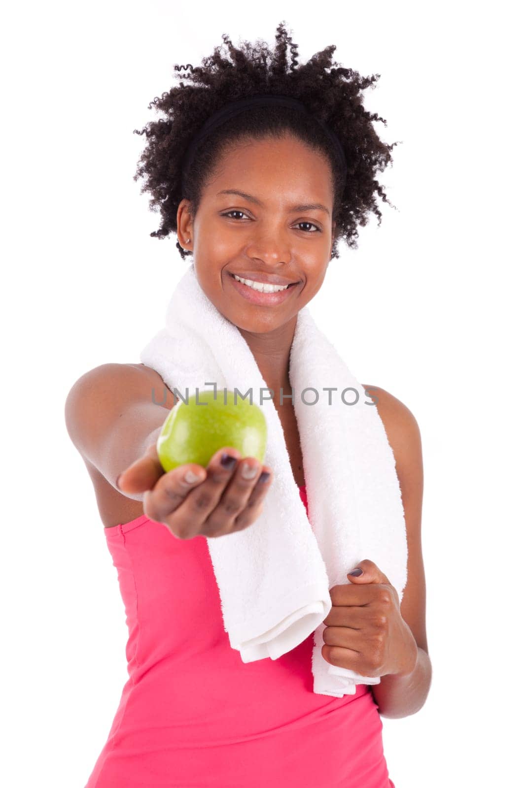 Young african american woman holding  an apple over white background