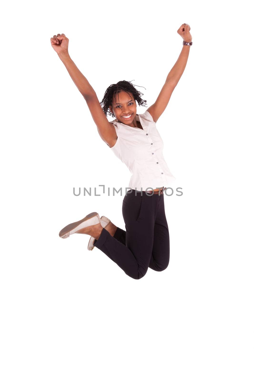 Young african american business woman jumping, success concept, isolated on white background
