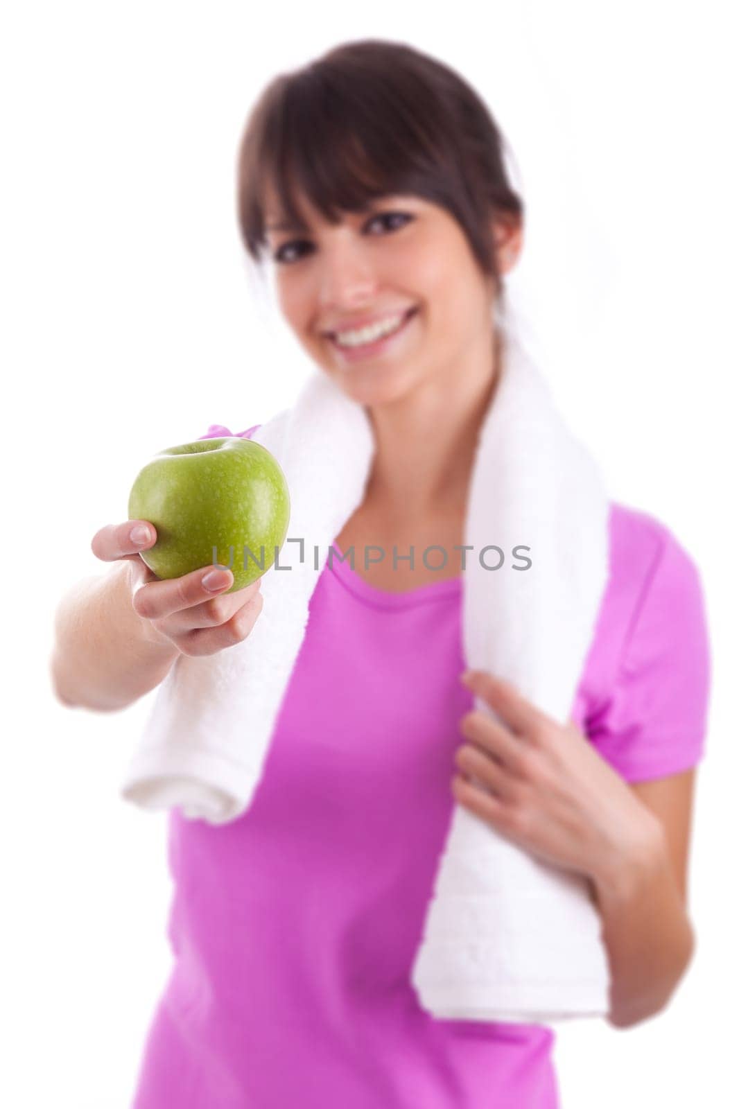 Young caucasian woman holding  an apple over white background