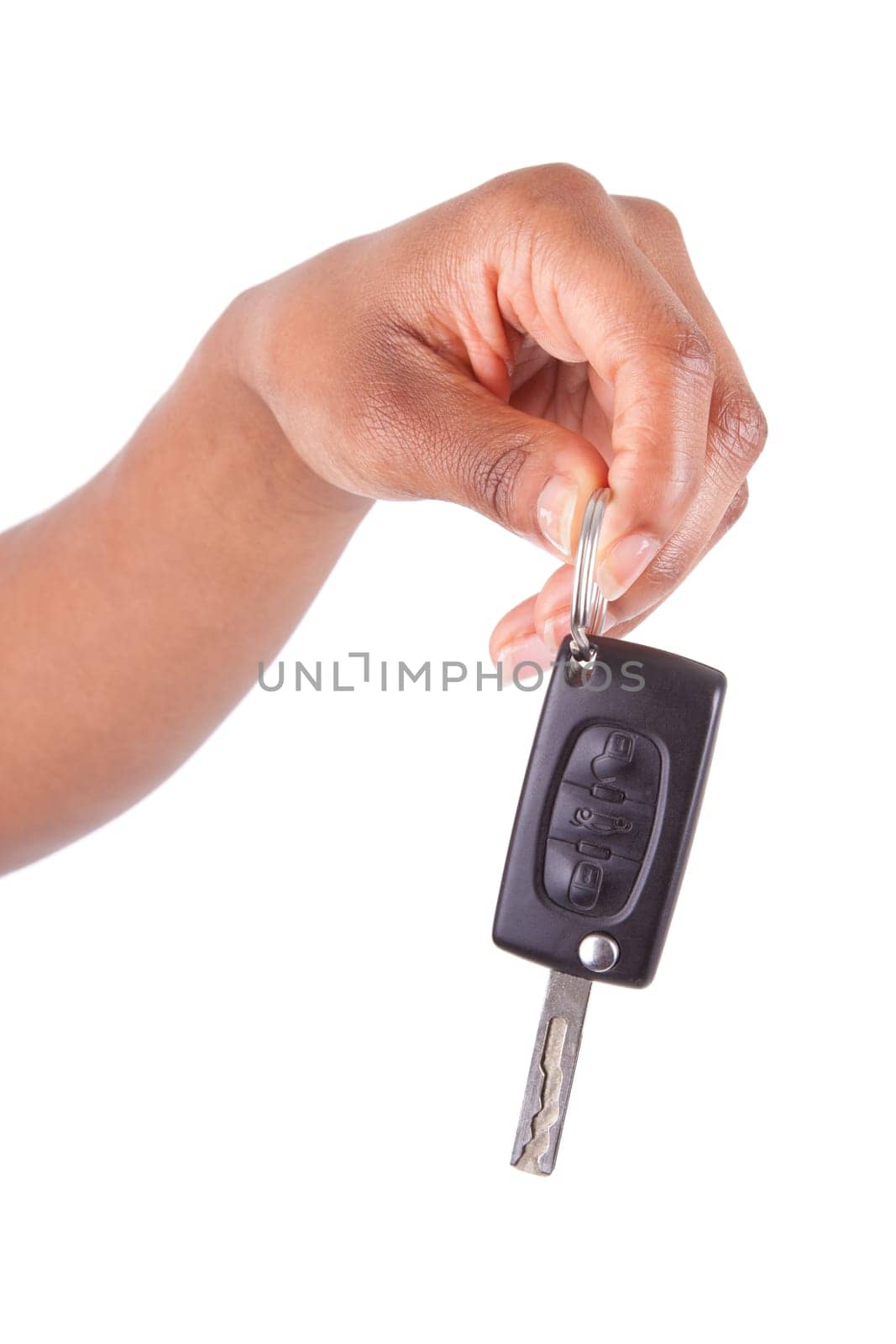 African American woman Hand Holding New Car Key, isolated on white background