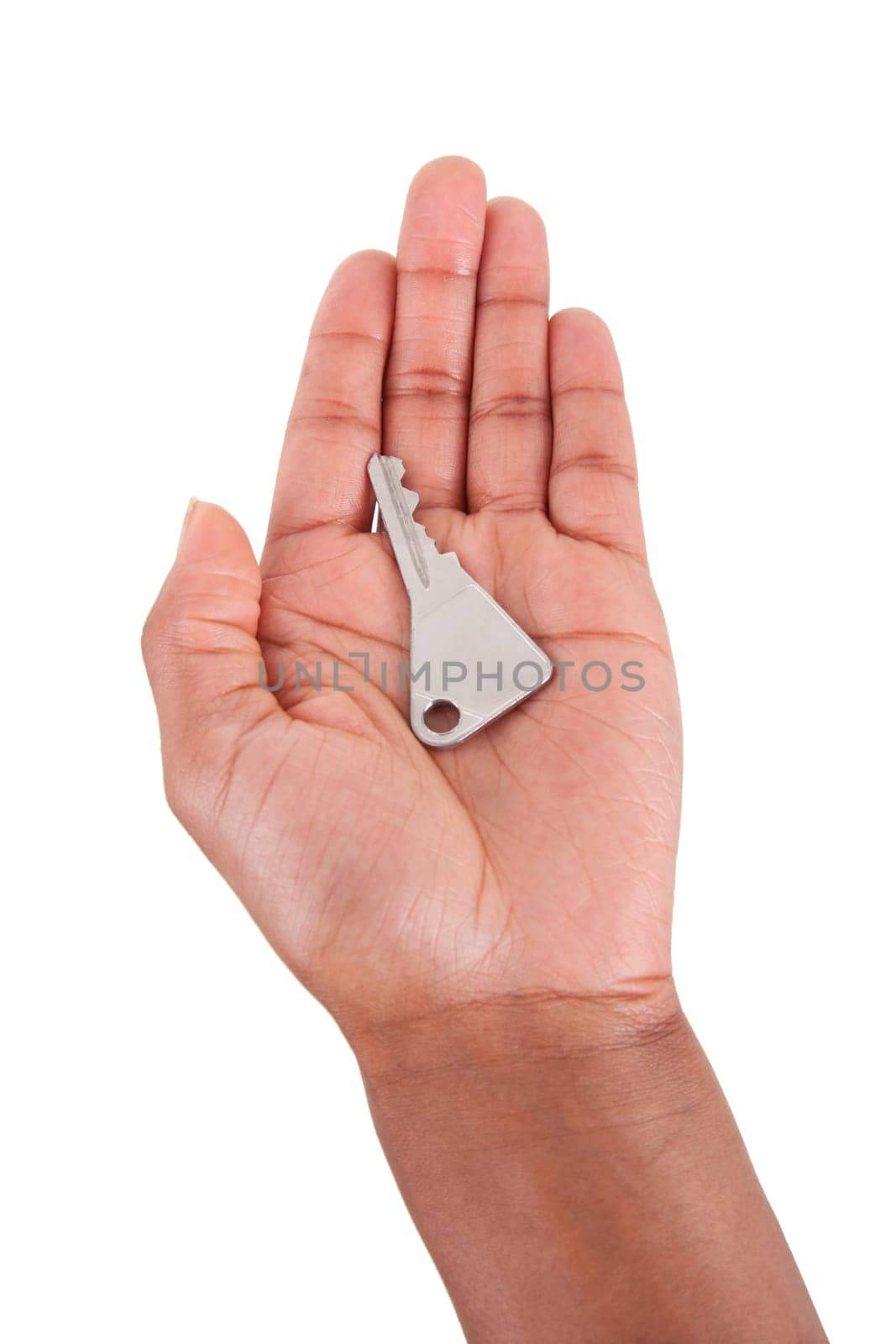 African American woman Hand Holding a house key, isolated on white background