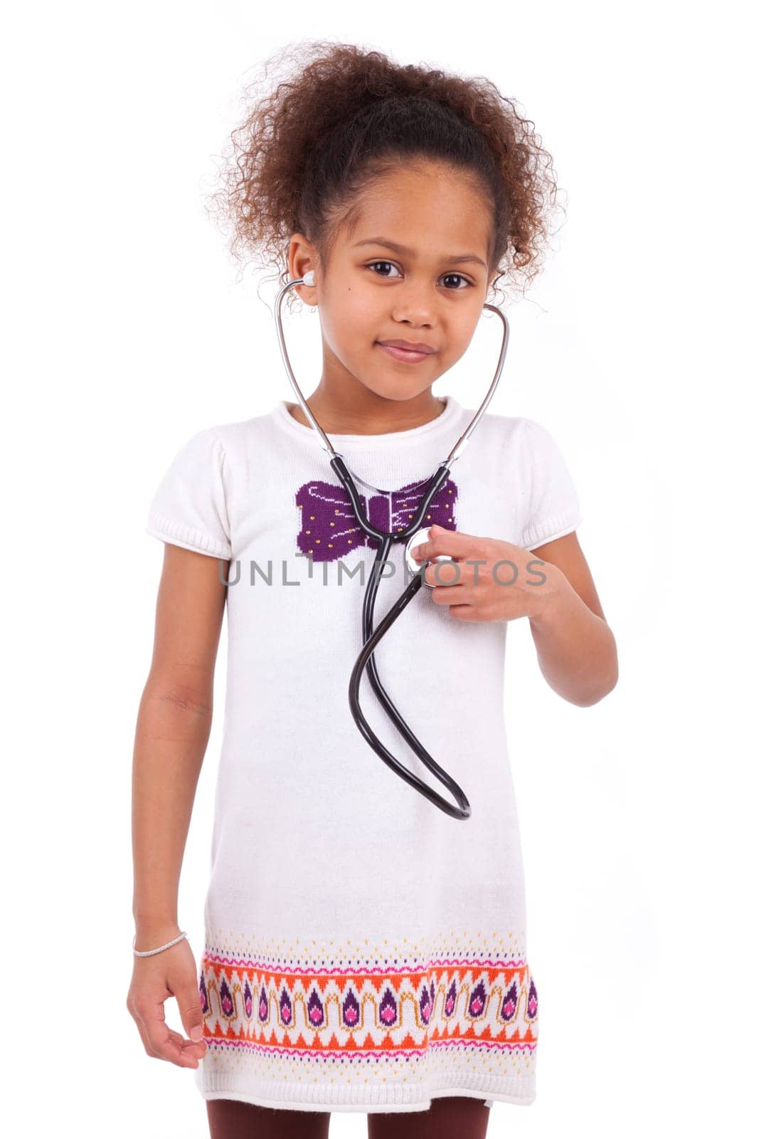 Young african asian girl holding a stethoscope, isolated on white background