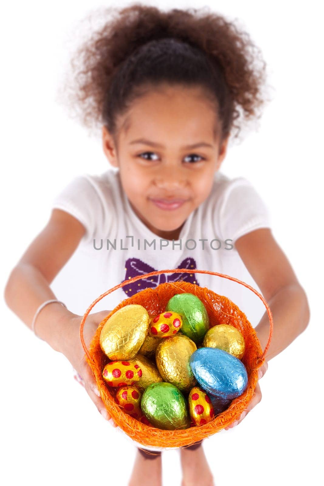 African Asian girl holding chocolate ester egg, isolated on white background