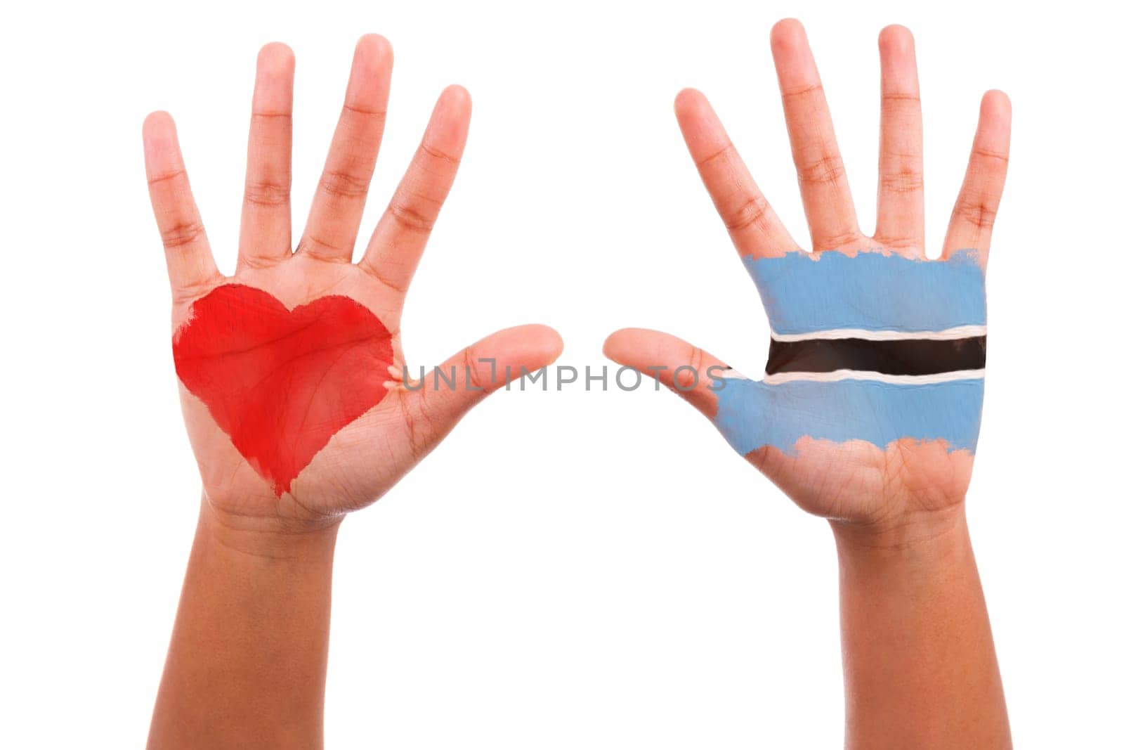 African hands with a painted heart and botswanian flag, i love botswana concept, isolated on white background