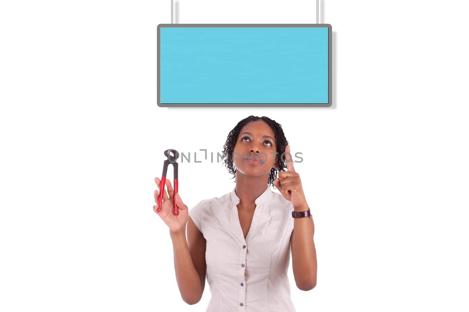 Young african american woman looking to unhook a empty board, isolated on white background