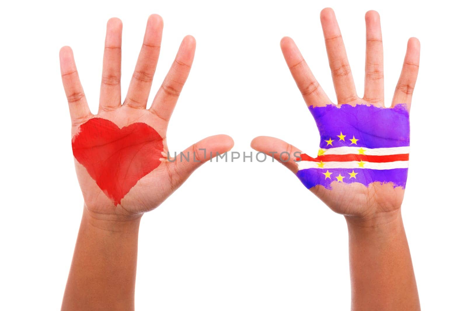 African hands with a painted heart and cape verdean flag, i love cape verde concept, isolated on white background