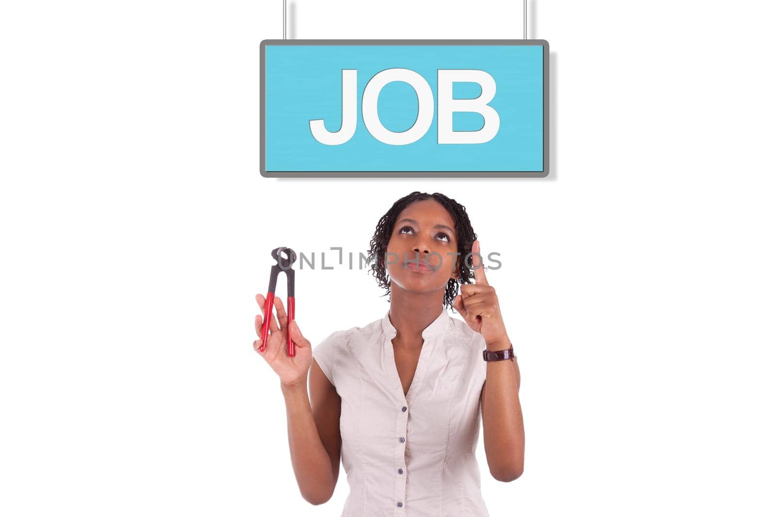 Young african american woman looking for a job, isolated on white background