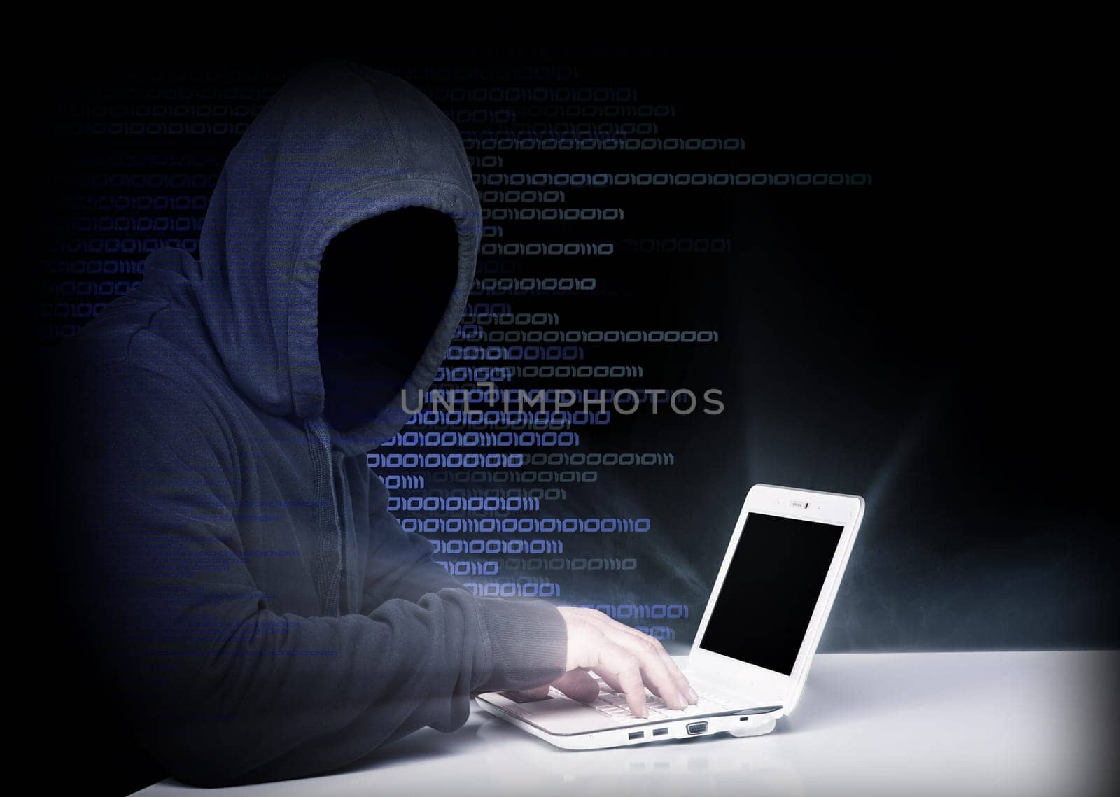 portrait of hacker with binary code